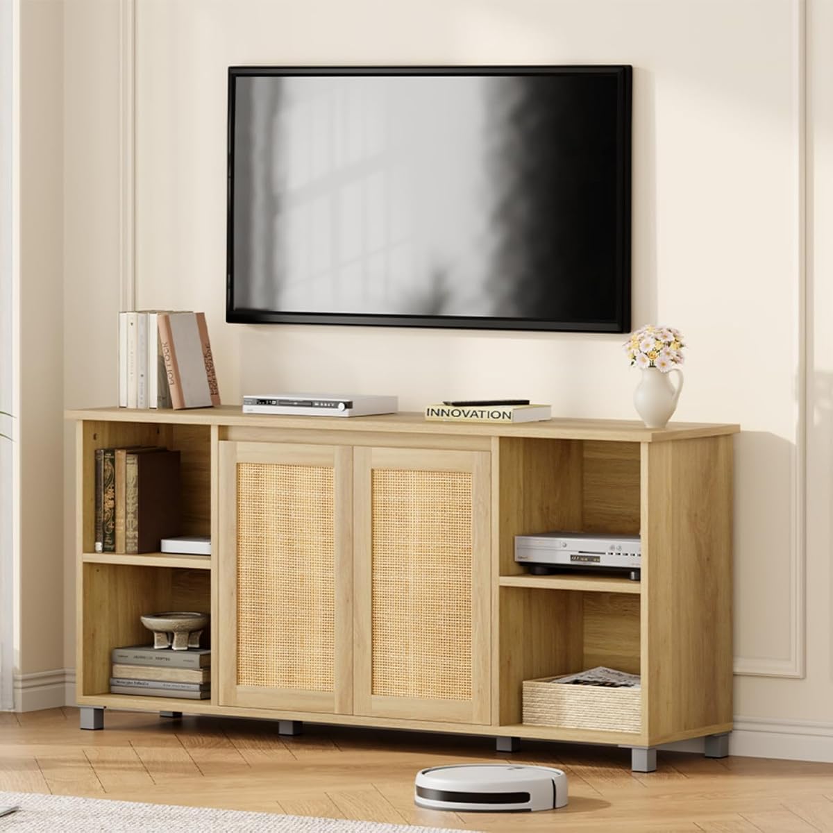 Rattan TV Stand for 65" TVs, Natural Oak Media Console