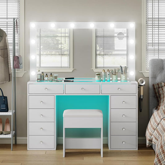Makeup Vanity Desk with RGB Lights, 47.2'' Mirror, 11 Drawers