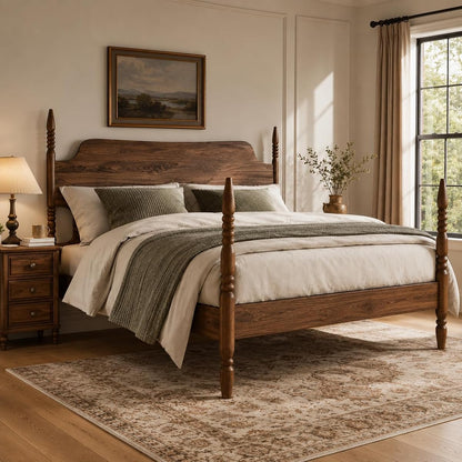 King Size Wood Platform Bed Frame with Tall Curved Headboard
