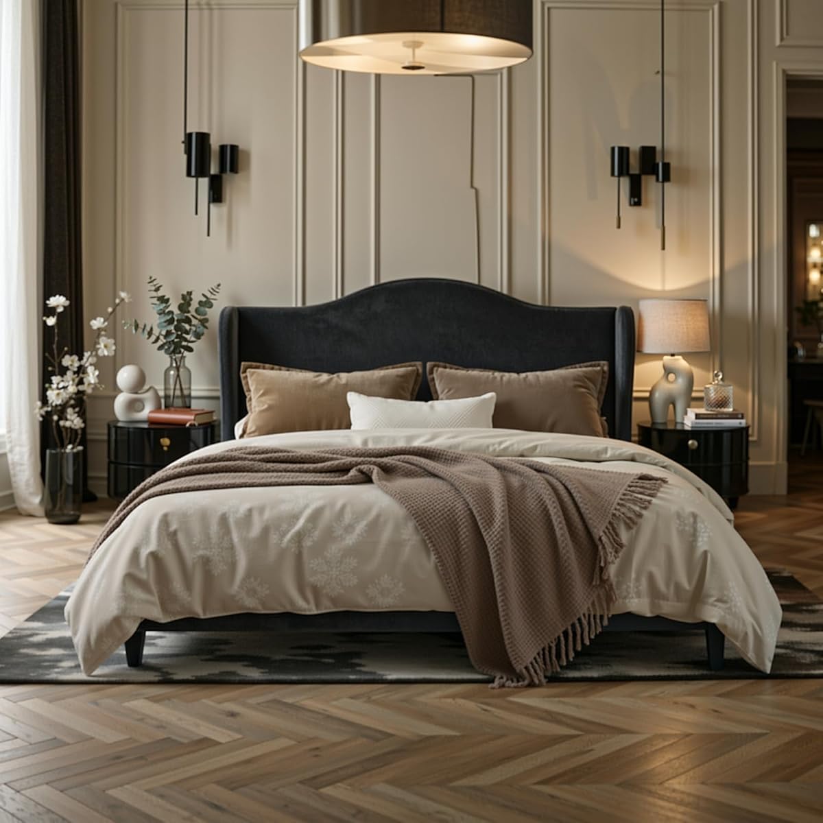 Queen Size Bed Frame, Plush Velvet Wingback, Modern Style, Black