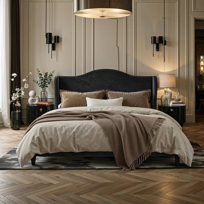 Queen Size Bed Frame, Plush Velvet Wingback, Modern Style, Black