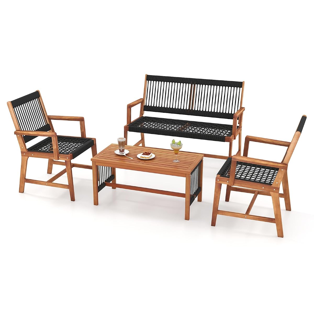 4 Pieces Patio Furniture Set Acacia Wood Conversation Set with Hand-Woven Rope Design, Ergonomic Loveseat & Single Chairs, Wooden Chair & Table Set for Porch Yard Poolside