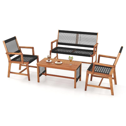 4 Pieces Patio Furniture Set Acacia Wood Conversation Set with Hand-Woven Rope Design, Ergonomic Loveseat & Single Chairs, Wooden Chair & Table Set for Porch Yard Poolside