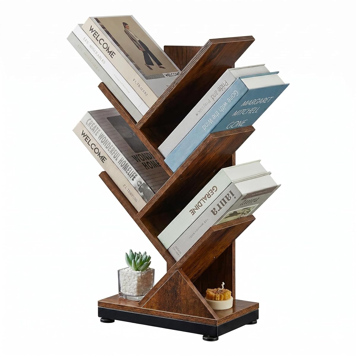 5 Tier Tree Bookshelf, Small Bookcase 11.8"*7.4"*24" (Rustic Brown) | Retro Narrow Bookshelves for CDs/Magazines, Book Shelf for Bedroom, Living Room, Office, Balcony, Study Room