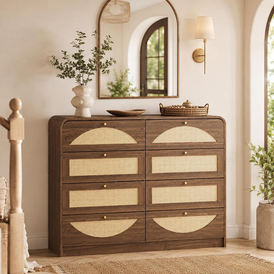 Rattan Dresser for Bedroom, 59" Modern Closet Dressers Chest with 8 Drawers