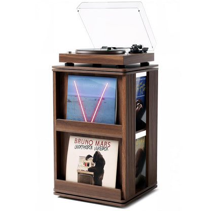 Swivel Record Player Stand with Storage Cabinet & Cover Holder