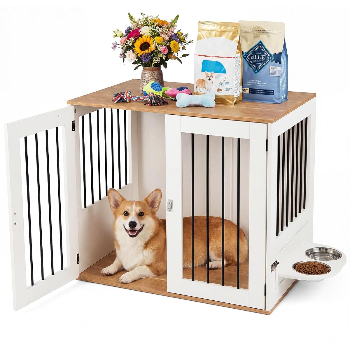 31.5” Dog Crate Furniture, Indoor Wooden Dog Kennel with Double Lock Doors