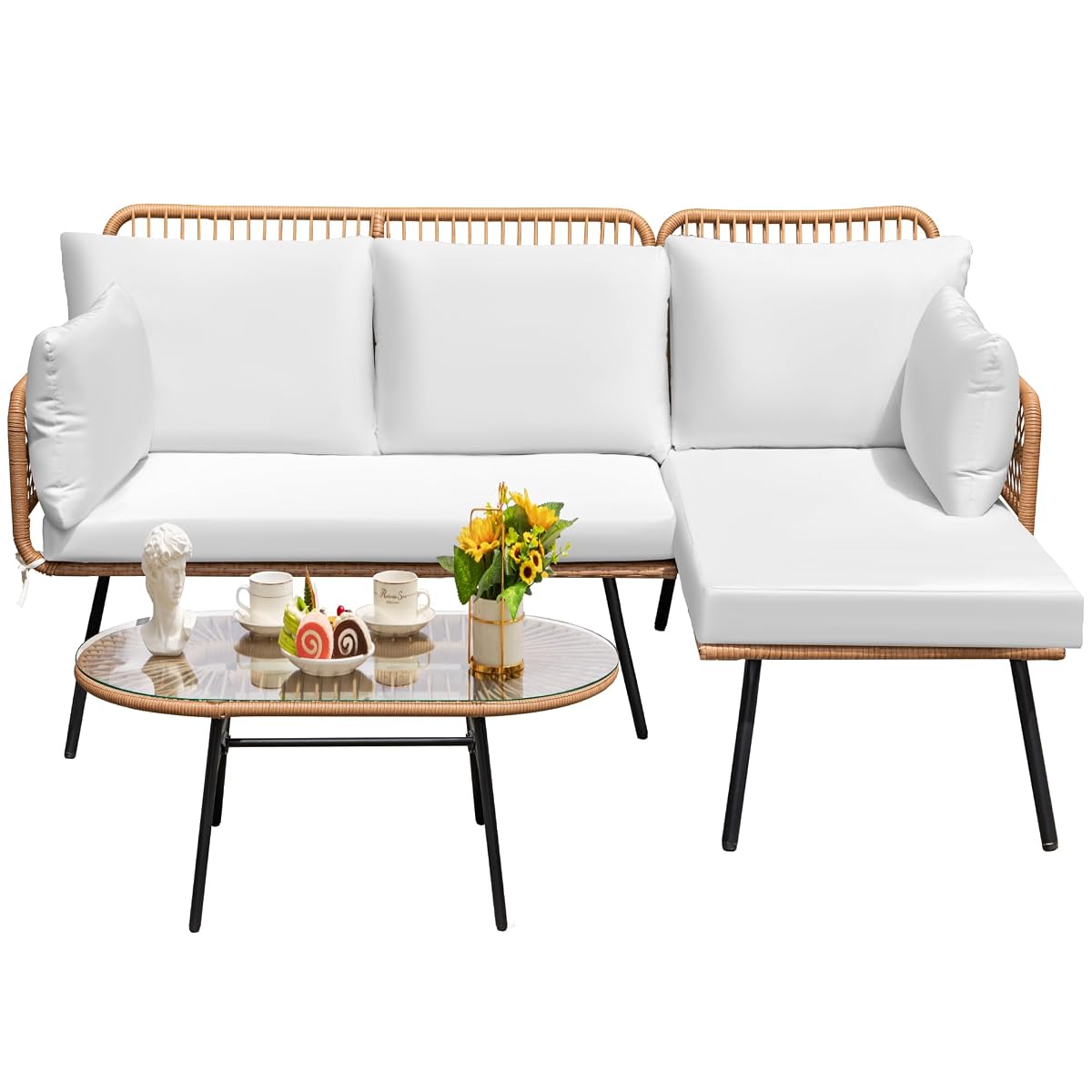 Outdoor Rope Woven Patio Furniture L-Shaped Conversation Sectional Sofa Set Detachable Lounger for Backyard Porch with Thick Cushions & Long Table, White