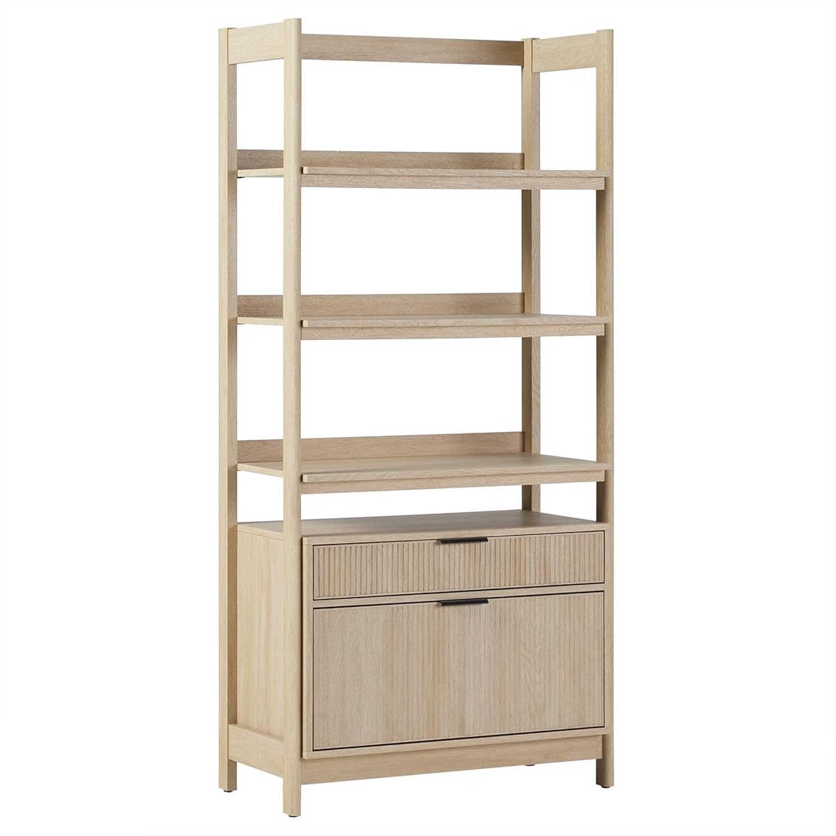 Transitional Open Reeded 4-Shelf Bookshelf with Drawers on Bottom, Versatile Bookcase with Bottom Storage for Home Office, Living Room, Bedroom, 33”W x 16.75”D x 70”H, Coastal Oak