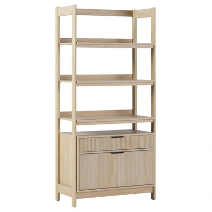 Transitional Open Reeded 4-Shelf Bookshelf with Drawers on Bottom, Versatile Bookcase with Bottom Storage for Home Office, Living Room, Bedroom, 33”W x 16.75”D x 70”H, Coastal Oak