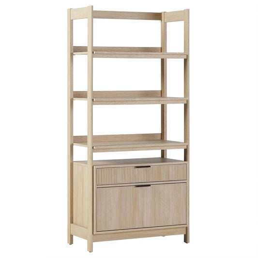 Transitional Open Reeded 4-Shelf Bookshelf with Drawers on Bottom, Versatile Bookcase with Bottom Storage for Home Office, Living Room, Bedroom, 33”W x 16.75”D x 70”H, Coastal Oak