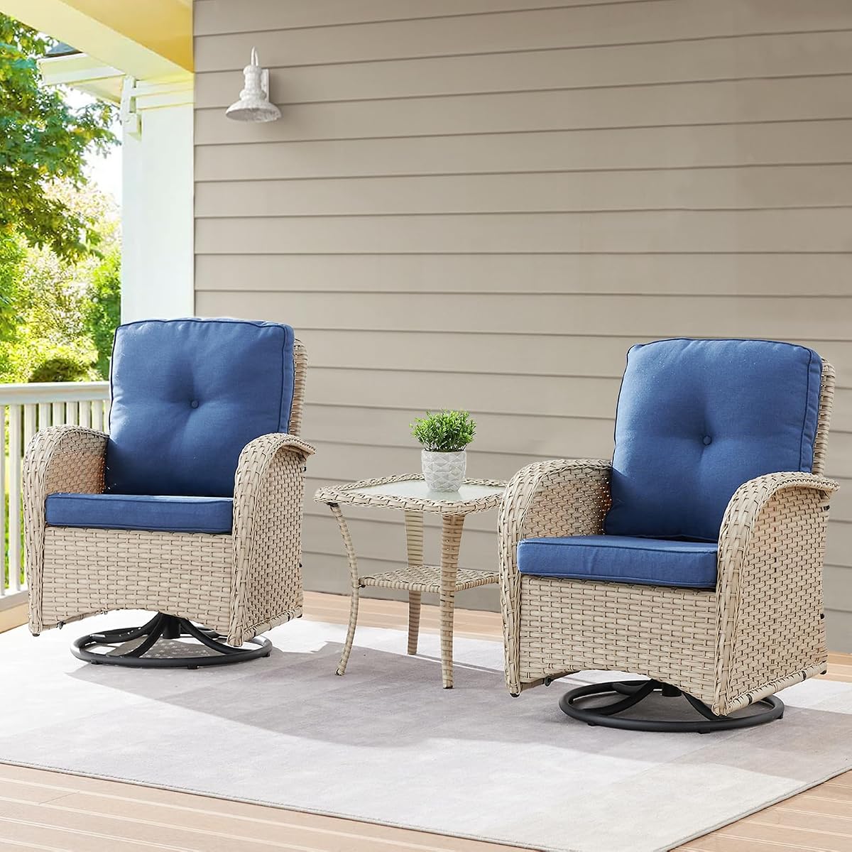 Patio Wicker Chairs Swivel Rocker - Outdoor Swivel Rocking Chairs Set of 2 with Rattan Side Table,3 Piece Patio Swivel Glider Chair Furniture Sets for Patio Porch Pool Light Beige/Blue