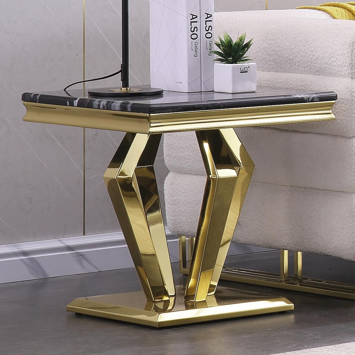 Black and Gold End Table for Living Room, Modern Square Side Table with Polished Stainless Steel Geometric Diamond Base