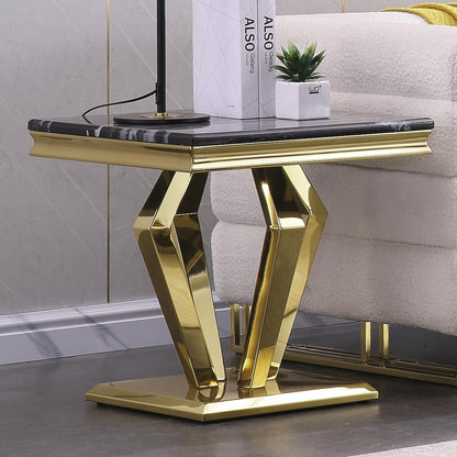 Black and Gold End Table for Living Room, Modern Square Side Table with Polished Stainless Steel Geometric Diamond Base