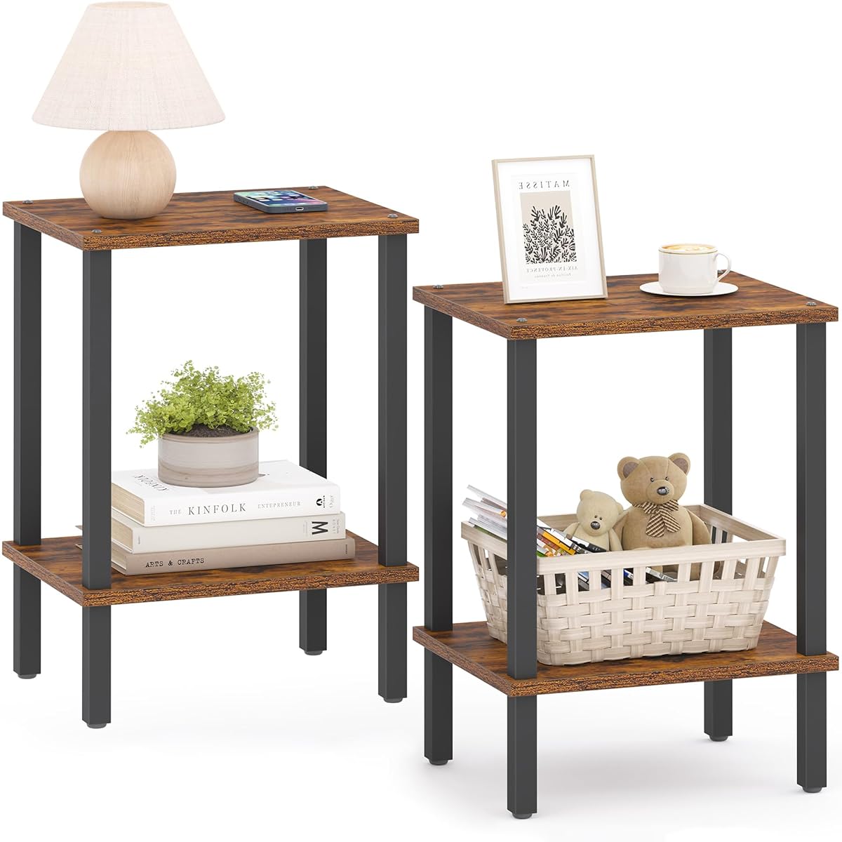End Table, Set of 2, Side Table, Nightstand, 2-Tier Storage Shelf, Sofa Table for Small Space, Living Room, Bed Room TB01BB035