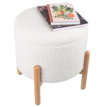 Round Sherpa Storage Ottoman Pouf with Removable Lid – Plush Couch Footrest & Hidden Organizer for Small Spaces, Dorm or Living Room by (White)