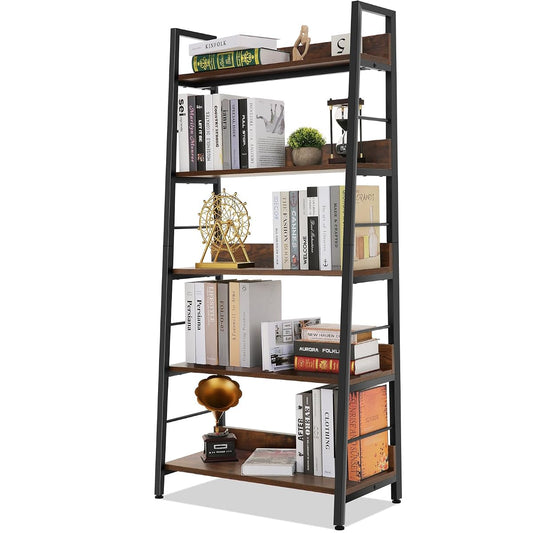 Bookshelf, Industrial Wood Bookshelves and Bookcases, Ladder Shelf 5 Tier with Metal Frame for Living Room, Bedroom, Kitchen, Home Office, Rustics Brown