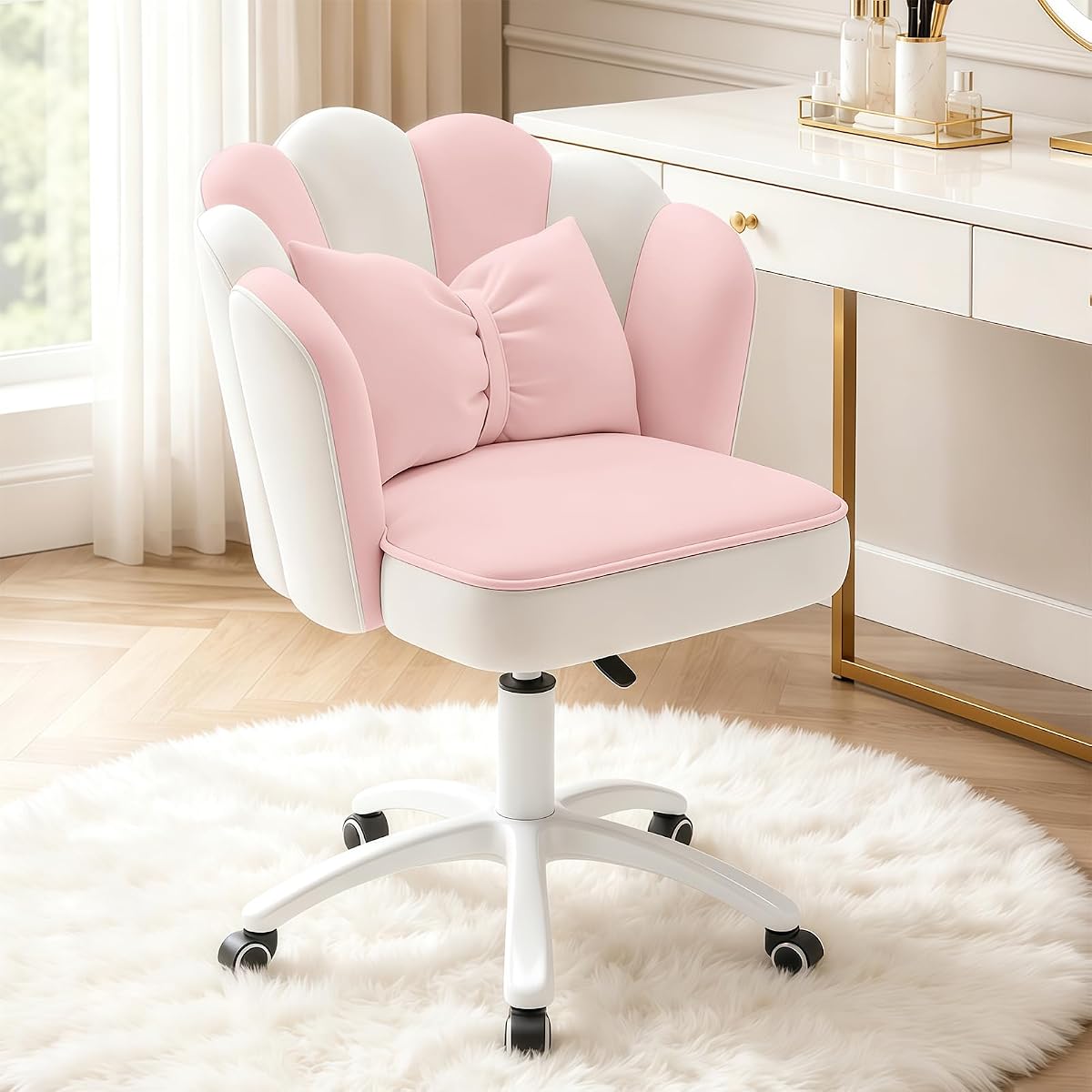 Vanity Chair with Wheels Velvet Petal Desk Chair Upholstered Tufted Home Office Chair for Women Girls, Height Adjustable Makeup Task Chair for Bedroom Living Room, Pink White