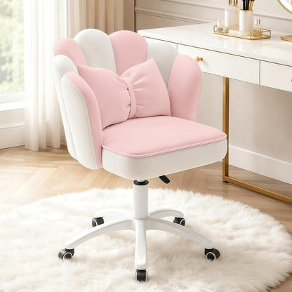 Vanity Chair with Wheels Velvet Petal Desk Chair Upholstered Tufted Home Office Chair for Women Girls, Height Adjustable Makeup Task Chair for Bedroom Living Room, Pink White