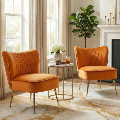 Modern Accent Chair Set of 2 Velvet Slipper Chair with Gold Legs Wingback Side Chair for Living Room Bedroom Entryway Small Corner Chair for Space Saving, Orange