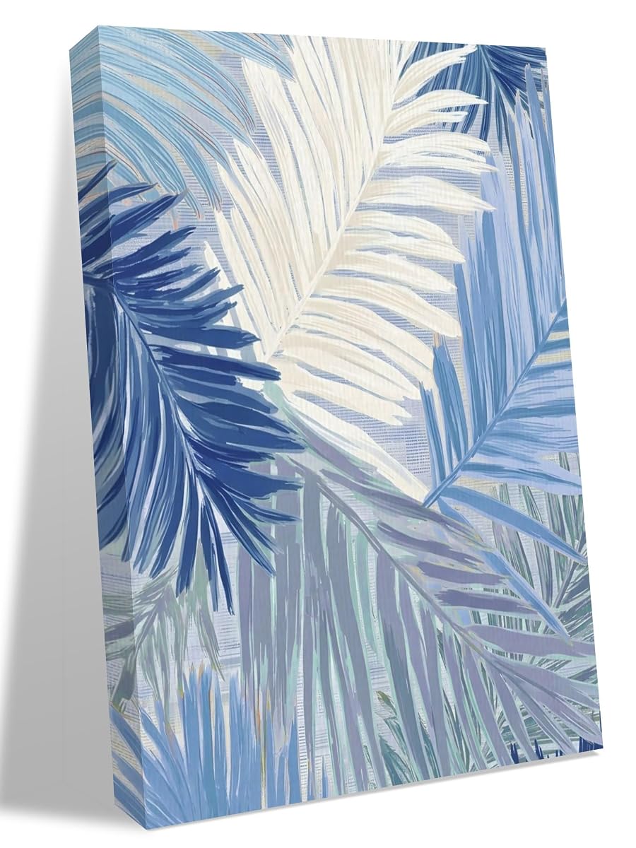NuYeBiofx Watercolor Blue White Banana Palm Leaf Canvas Wall Art Prints,48"x32" Framed Picture Artwork Farm Tropical Leaves Printed Canvas Oil Painting for Living Room Bedroom Office,Ready to Hang