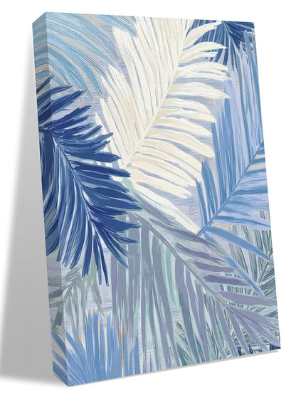 NuYeBiofx Watercolor Blue White Banana Palm Leaf Canvas Wall Art Prints,48"x32" Framed Picture Artwork Farm Tropical Leaves Printed Canvas Oil Painting for Living Room Bedroom Office,Ready to Hang