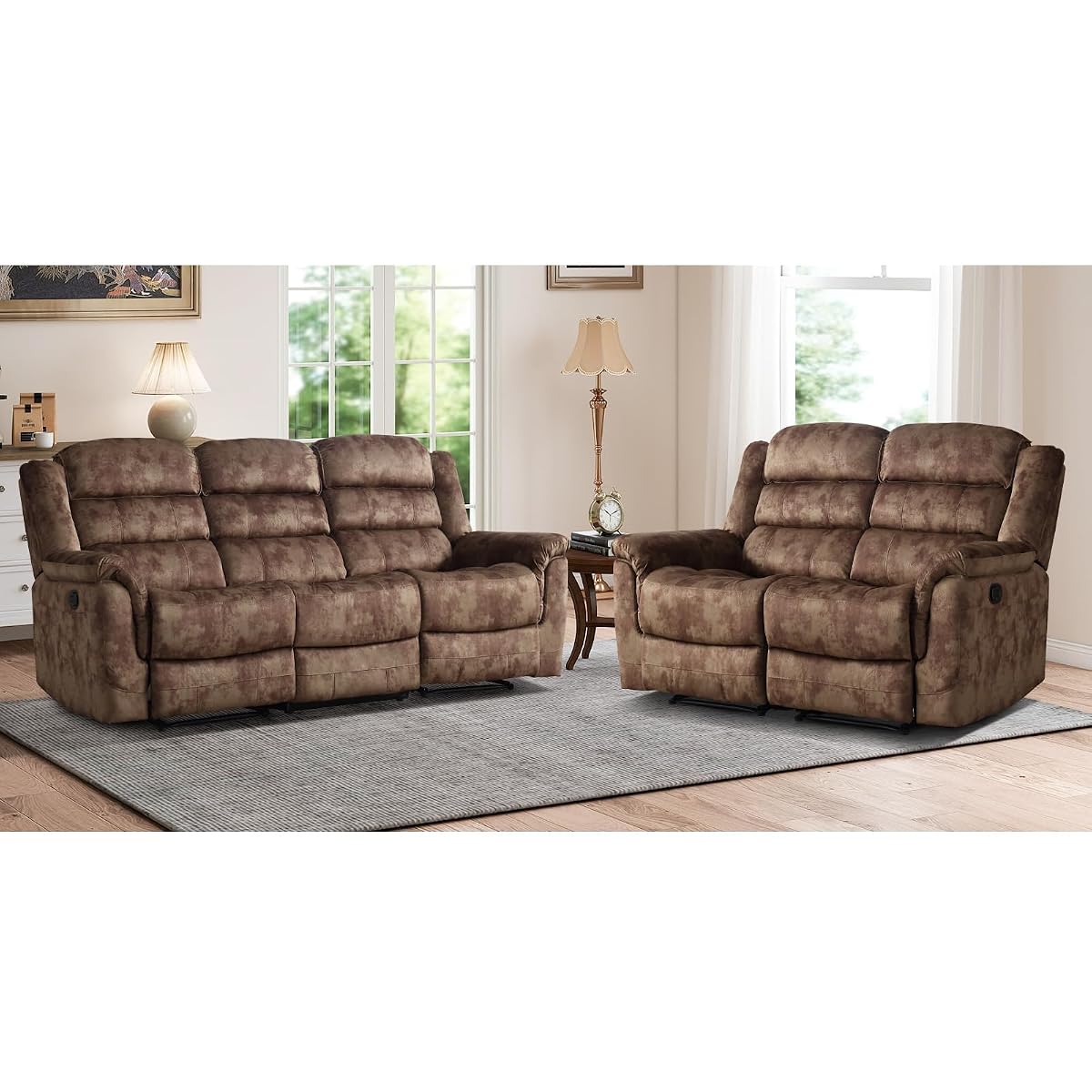 2 Pieces Reclining Couch Furniture Set, Overstuffed Reclining Loveseat Couch and Wide 3PC Bonded Recliner Sofa Set for Living Room, Brown