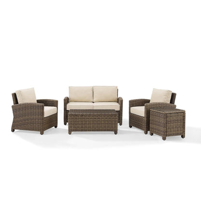 Crosley Furniture KO70050WB-SA Bradenton Outdoor Wicker 5-Piece Seating Set (Loveseat, 2 Arm Chairs, Side & Coffee Table), Weathered Brown with Sand Cushions