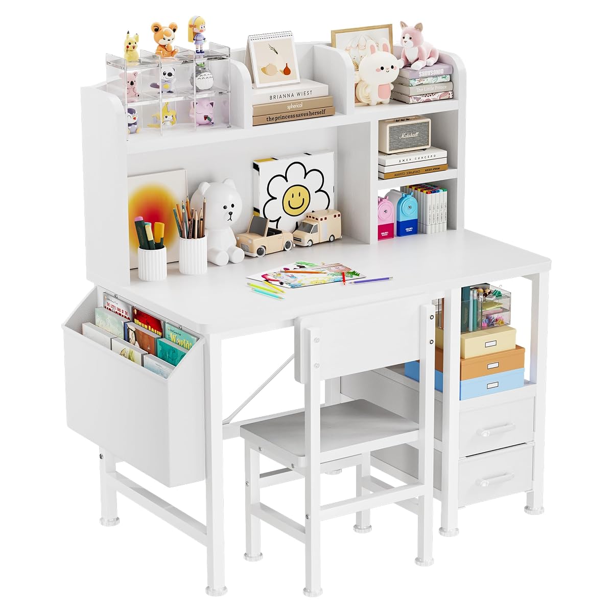 Kids Desk and Chair Set with Hutch, Study Desk with Storage, White