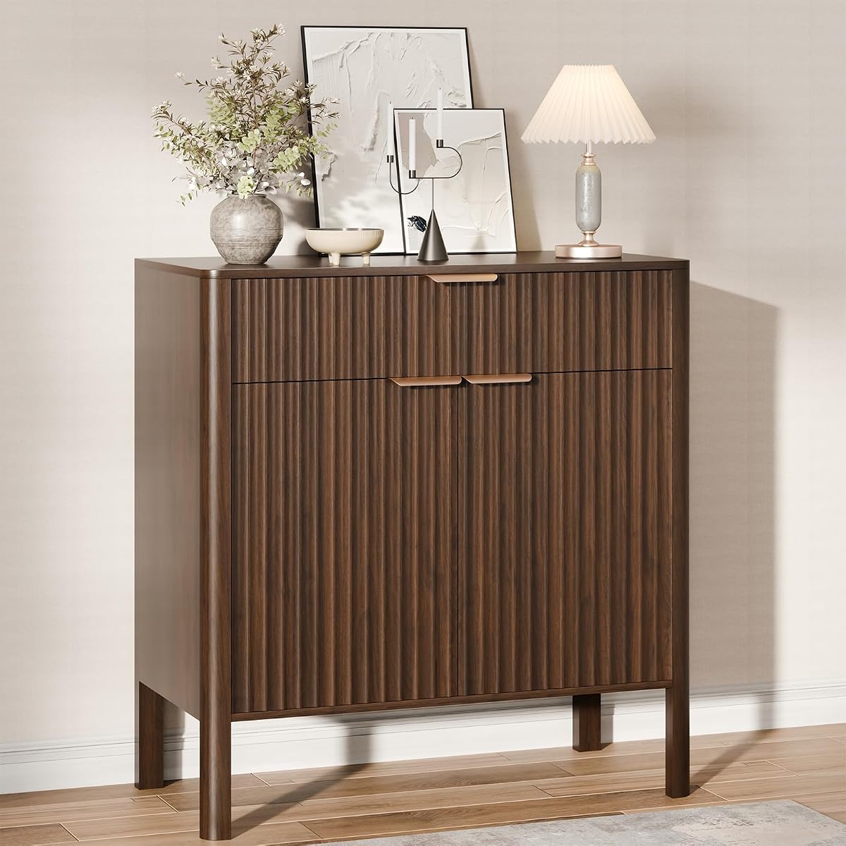 Fluted Buffet Cabinet Accent with Doors & Drawer 31" Walnut