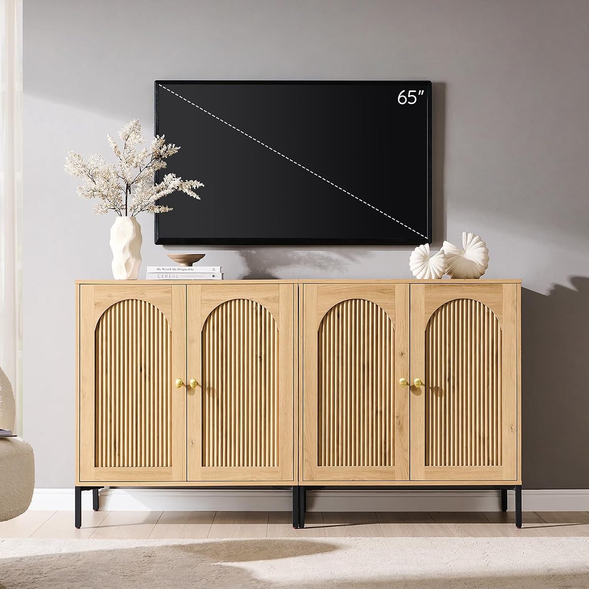 61.75" W Mid Century Modern TV Stands for Living Room, Natural Oak