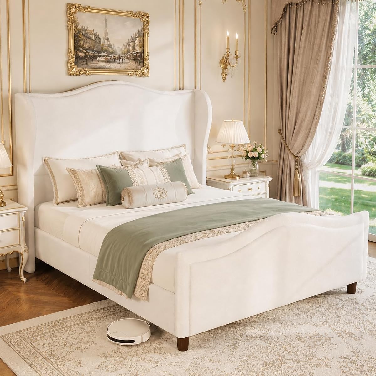 Queen Upholstered Bed Frame with Tall Headboard & Footboard, White
