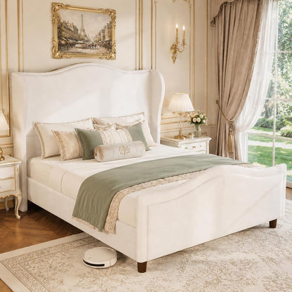 Queen Upholstered Bed Frame with Tall Headboard & Footboard, White