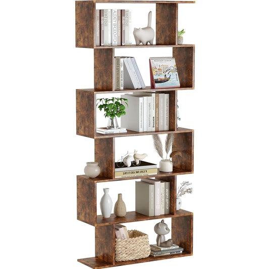 Geometric Bookcase, Bookshelf 6-Tier S Shaped Book Shelves for Bedroom, Modern Wood Decorative Display Shelf Tall Book Case for Home Office, Rustic Brown