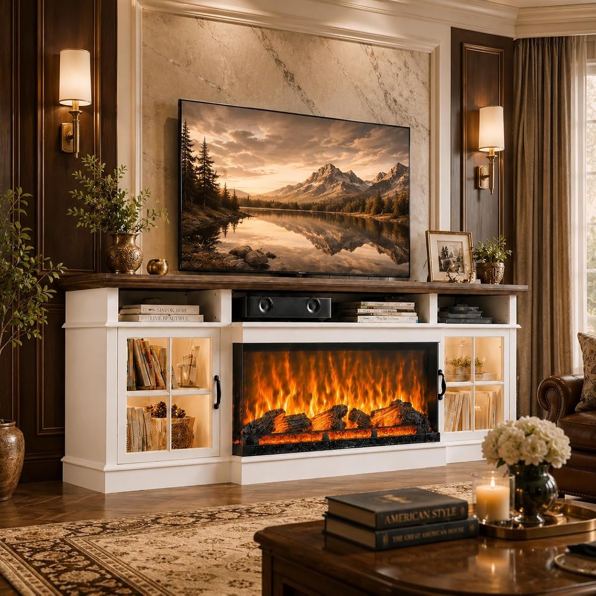 70" Fireplace TV Stand, Farmhouse TV Stand for TVs up to 80” with LED Lights