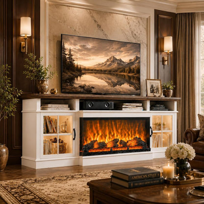 70" Fireplace TV Stand, Farmhouse TV Stand for TVs up to 80” with LED Lights