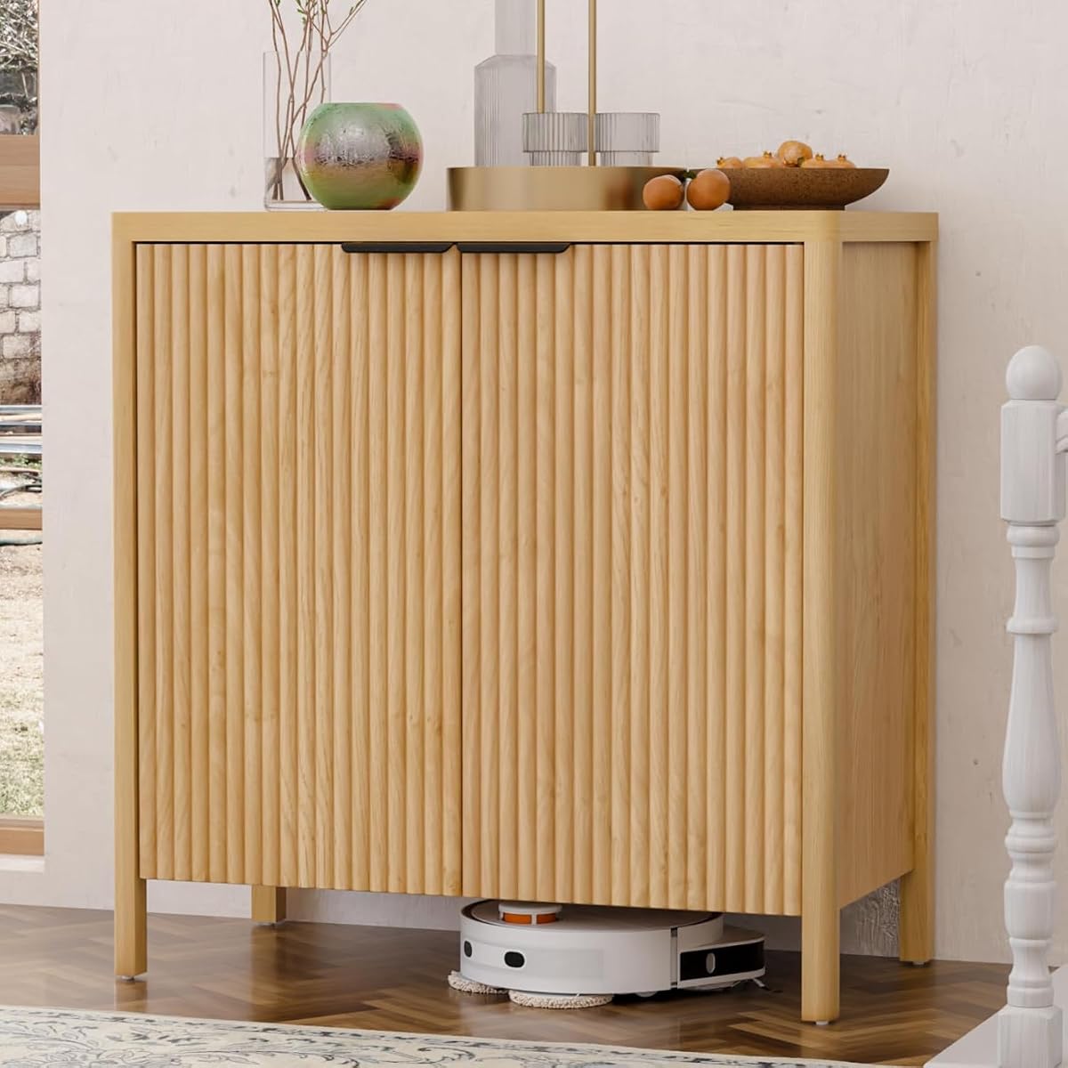 31.5'' Sideboard Buffet Cabinet with Storage Fluted Sideboard Buffet with Adjustable Shelves Coffee Bar Console Table Cabinet for Hallway Entryway Living Room or Kitchen Natural