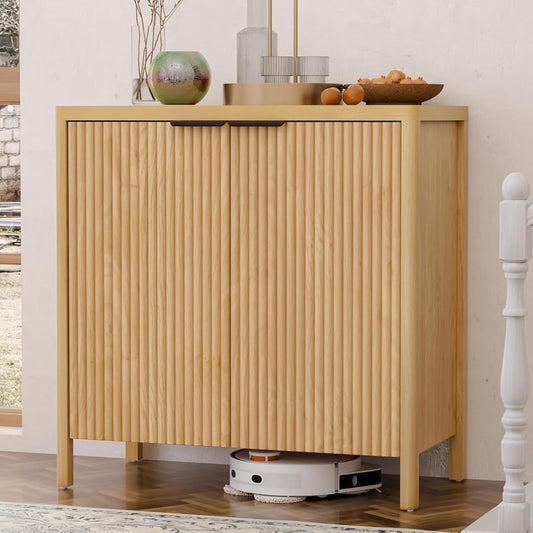 31.5'' Sideboard Buffet Cabinet with Storage Fluted Sideboard Buffet with Adjustable Shelves Coffee Bar Console Table Cabinet for Hallway Entryway Living Room or Kitchen Natural