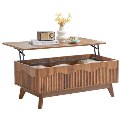 Lift Top Coffee Table with Hidden Storage, Farmhouse Fluted Coffee Table with Wave Profile, Rising Top Rectangular Center Table for Living Room (Walnut)