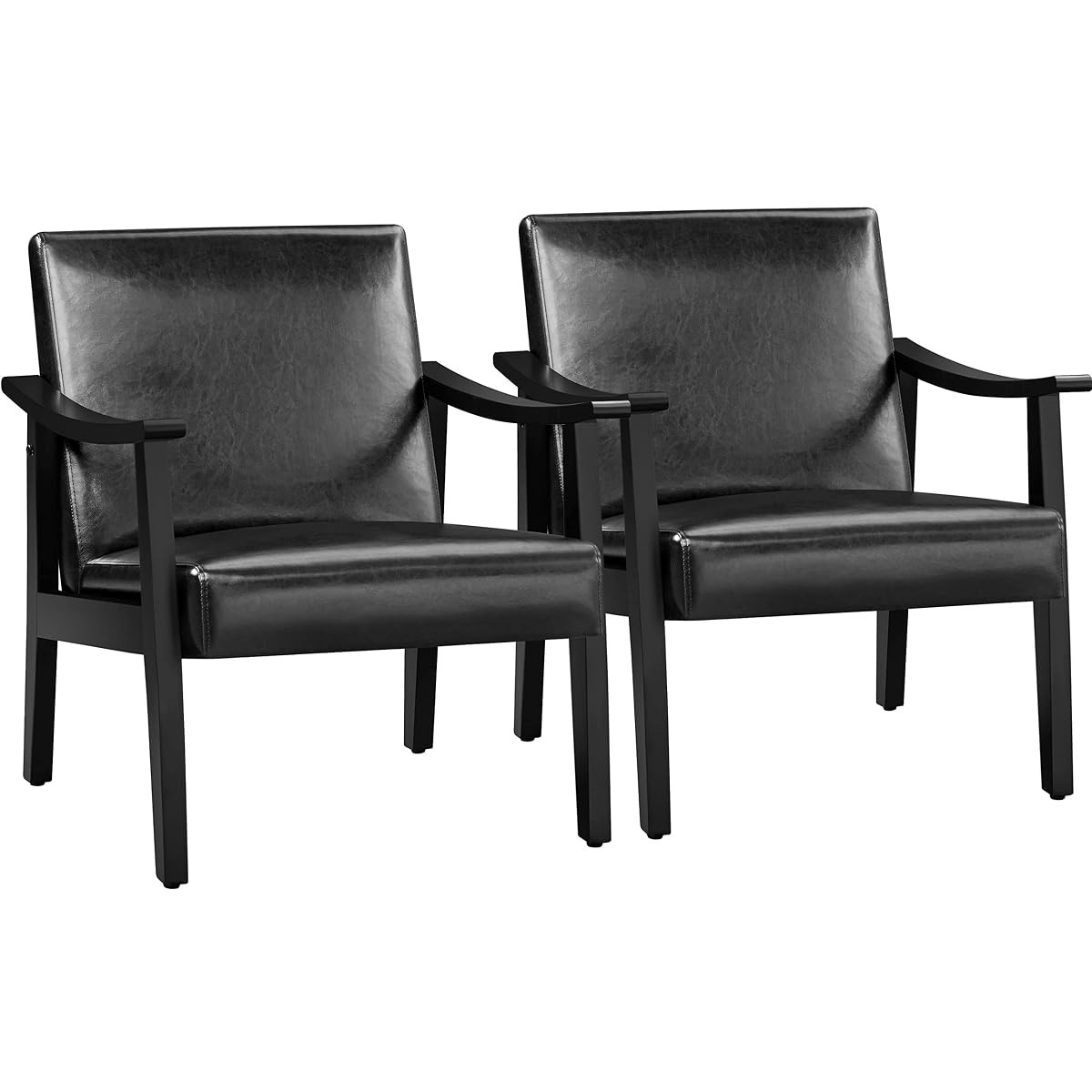 Yaheetech PU Leather Black Chairs, Mid-Century Modern Armchair with Solid Wood Legs, Reading Accent Chair with High Back for Living Room Bedroom Waiting Room, 2 pcs, Black