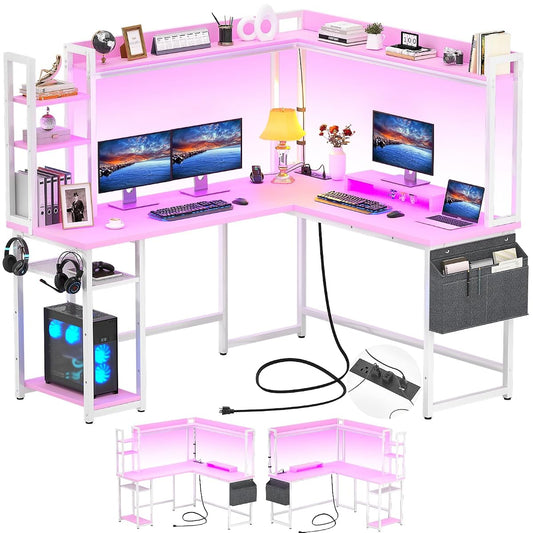 L Shaped Desk Gaming Desk with Power Outlet & LED Light & Monitor