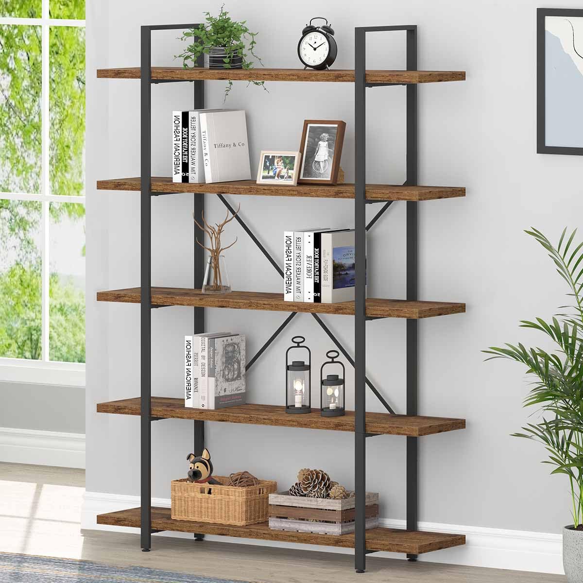 Rustic Wood Bookshelf, 5 Shelf Bookcases with Storage, Rustic Brown