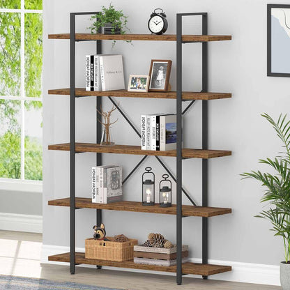 Rustic Wood Bookshelf, 5 Shelf Bookcases with Storage, Rustic Brown