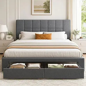 Queen Bed Frame with 2 Storage Drawers & Upholstered Adjustable Headboard, view 2