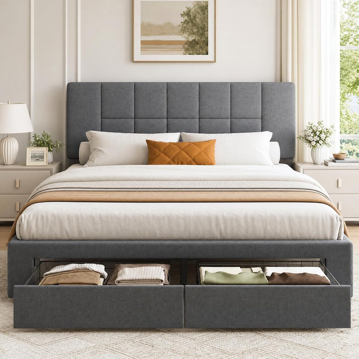 Queen Bed Frame with 2 Storage Drawers & Upholstered Adjustable Headboard