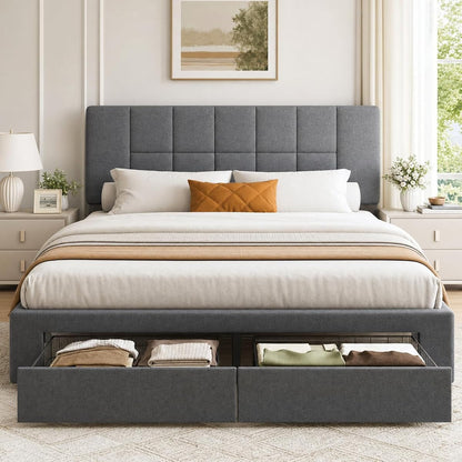 Queen Bed Frame with 2 Storage Drawers & Upholstered Adjustable Headboard