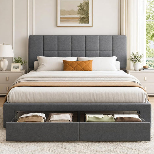 Queen Bed Frame with 2 Storage Drawers & Upholstered Adjustable Headboard