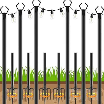 AHRLHR 6 Pack String Light Poles, Outdoor String Light Pole 10 ft Forked Metal Light Pole with Adjustable Outdoor Light Stand, Deck, Backyard, Garden, Wedding, Rustproof and Sturdy with Hooks.