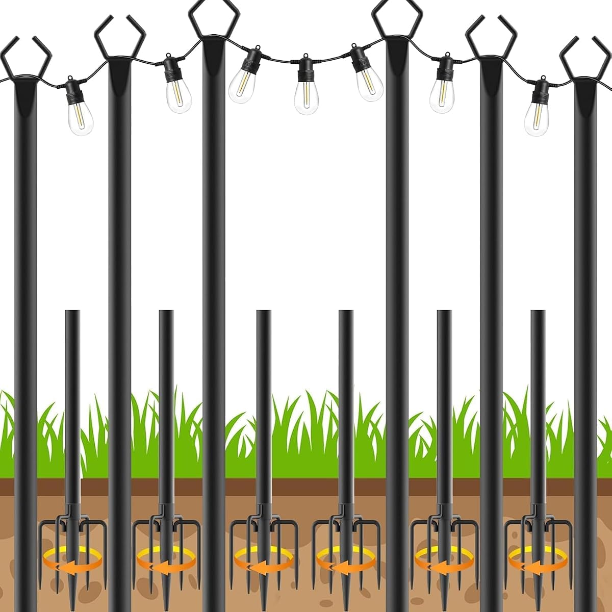 AHRLHR 6 Pack String Light Poles, Outdoor String Light Pole 10 ft Forked Metal Light Pole with Adjustable Outdoor Light Stand, Deck, Backyard, Garden, Wedding, Rustproof and Sturdy with Hooks.