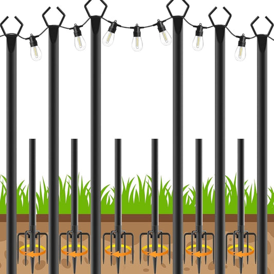 AHRLHR 6 Pack String Light Poles, Outdoor String Light Pole 10 ft Forked Metal Light Pole with Adjustable Outdoor Light Stand, Deck, Backyard, Garden, Wedding, Rustproof and Sturdy with Hooks.